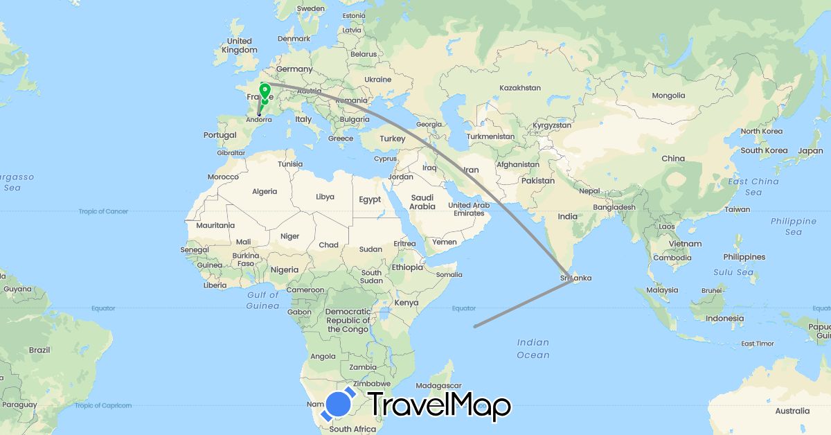 TravelMap itinerary: driving, bus, plane, boat in France, Sri Lanka, Seychelles (Africa, Asia, Europe)
